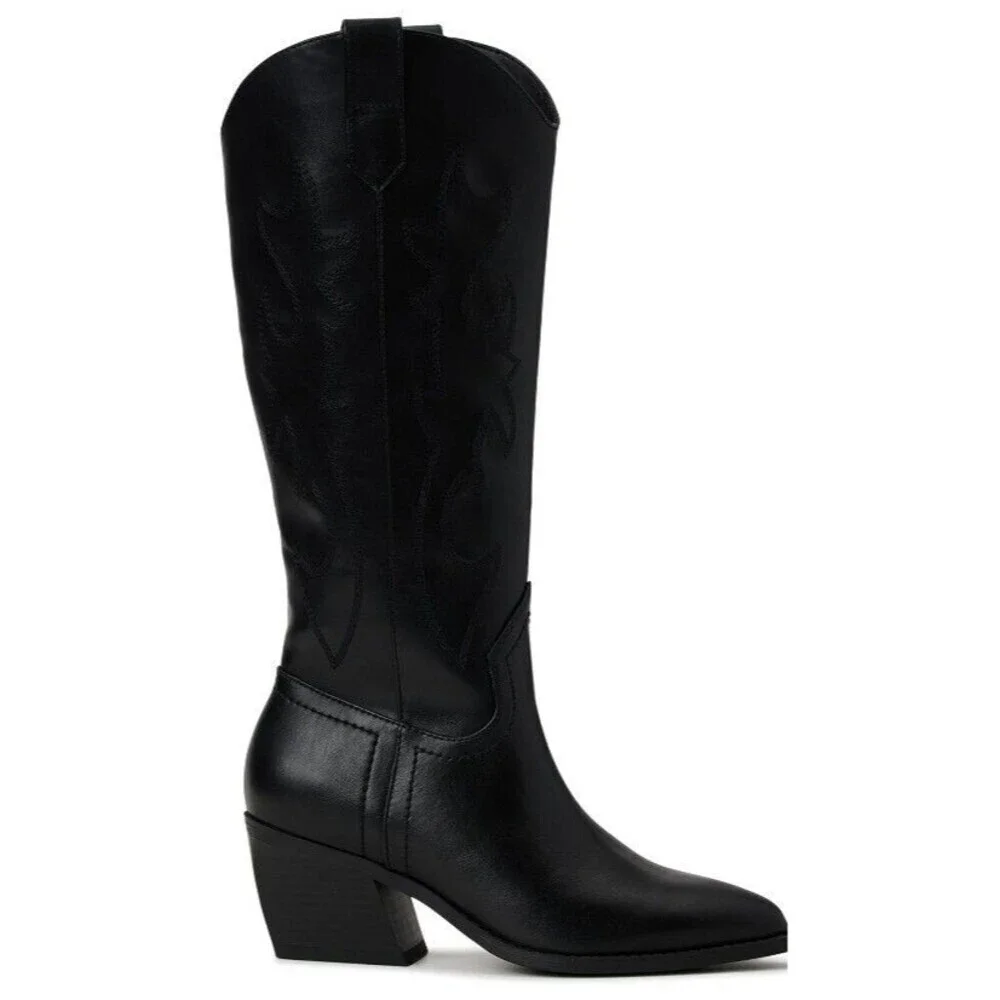 Madden NYC Boots Women's Sz 6 Tall Black Western Embroidered Pointed Block Heel